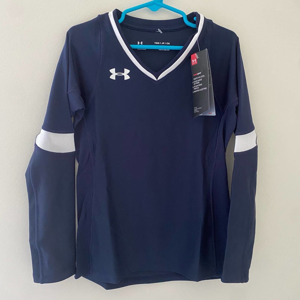 New Under Armour UA Girls Blue Heatgear Fitted Long Sleeve Shirt YSM